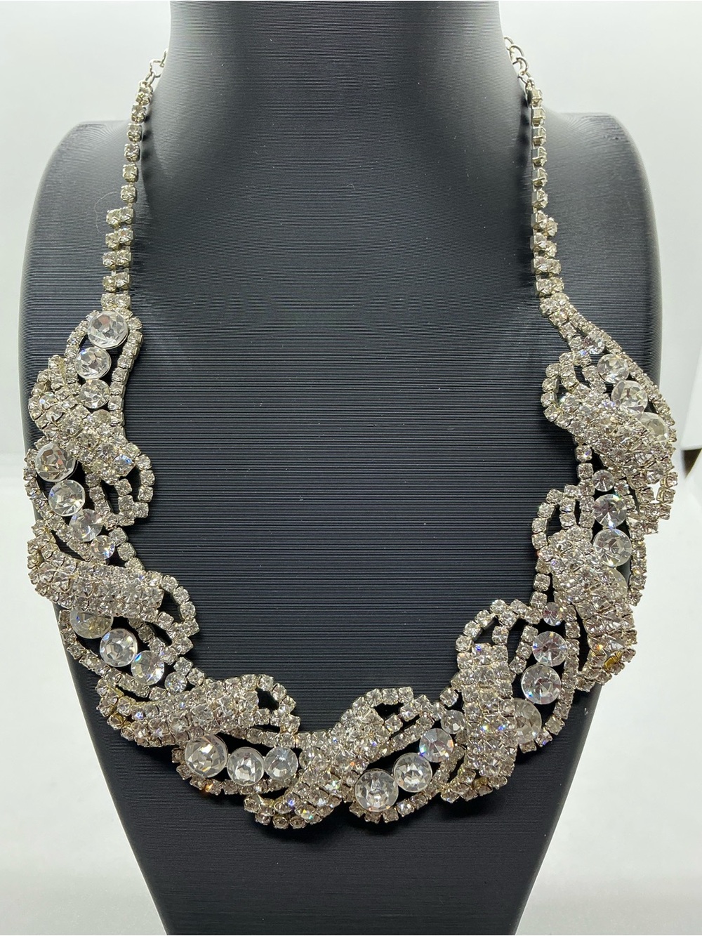 Silver Tone Rhinestone Adjustable Statement Collar Necklace Bling